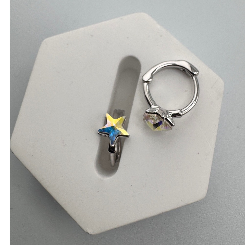 Iridescent Star Huggie Hoop Earrings Plated Silver Tone Crystal